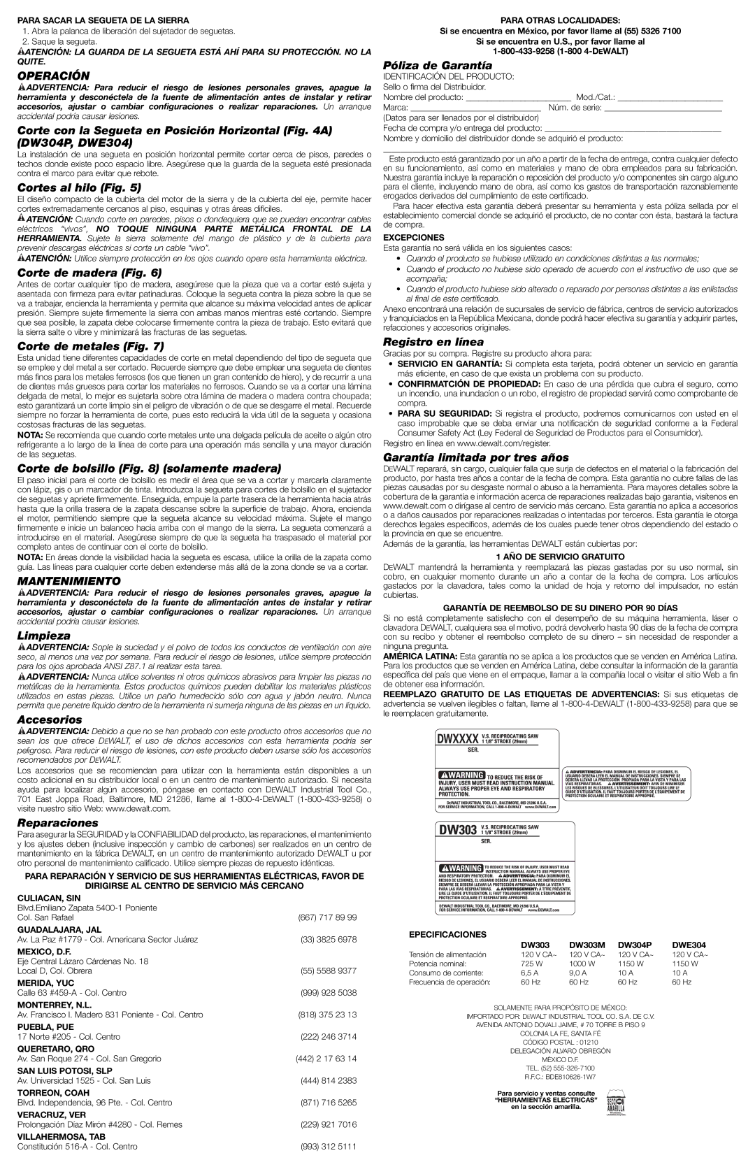 DeWalt DWE304 instruction manual Operación, Mantenimiento 