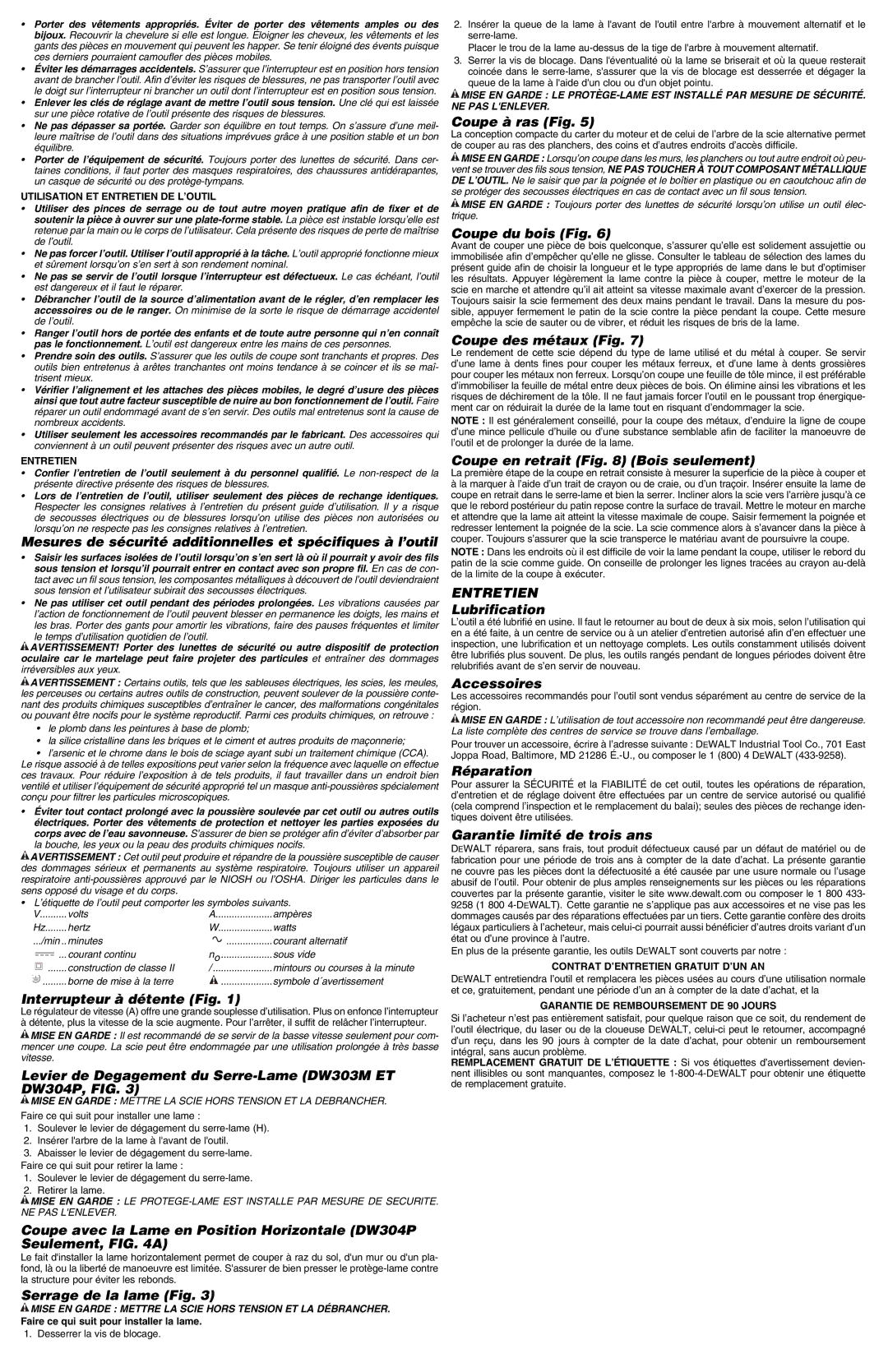 DeWalt DWE304 Mesures de sécurité additionnelles et spécifiques à l’outil, Interrupteur à détente Fig, Coupe à ras Fig 