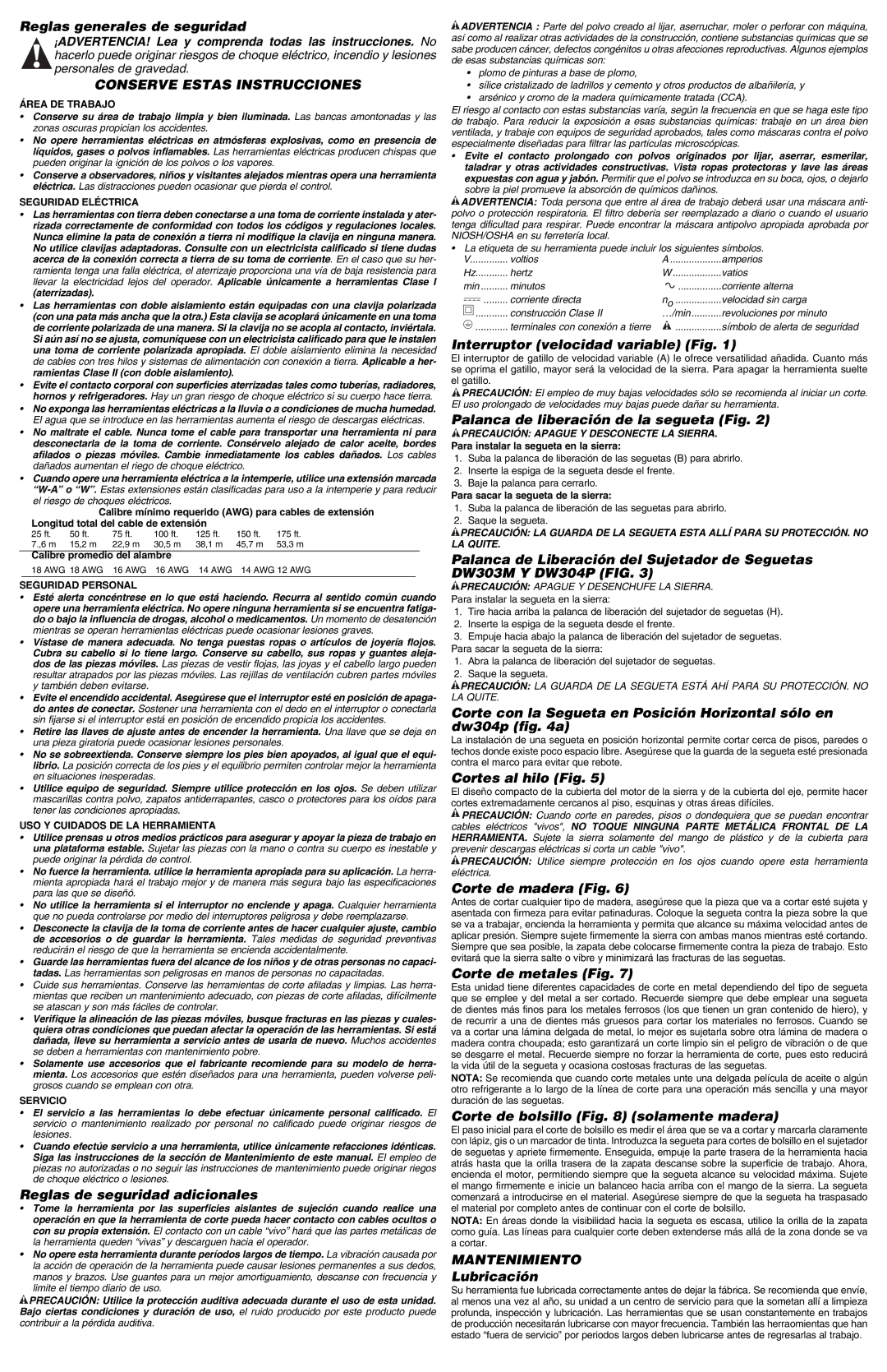 DeWalt DWE304 Reglas generales de seguridad, Reglas de seguridad adicionales, Interruptor velocidad variable Fig 