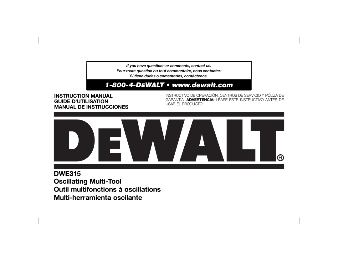 DeWalt DWE315K instruction manual Guide D’UTILISATION Manual DE Instrucciones 