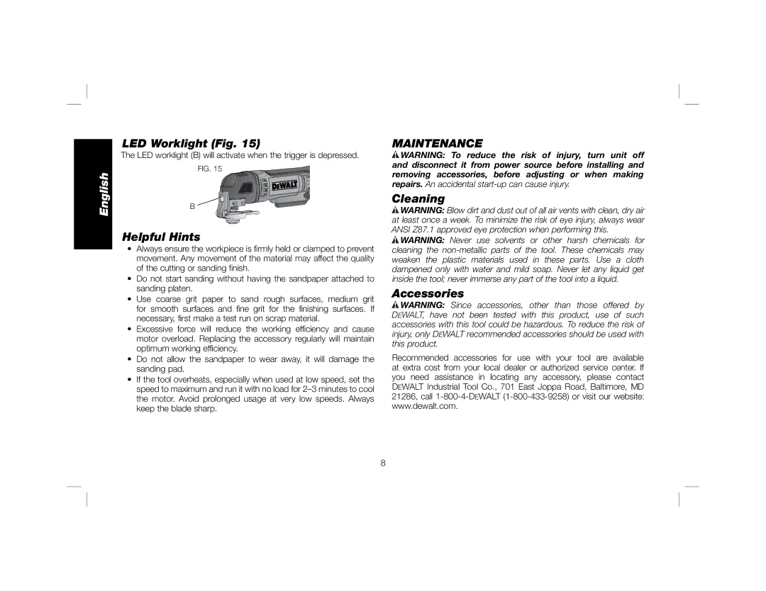 DeWalt DWE315K instruction manual LED Worklight Fig, Helpful Hints, Maintenance, Cleaning Accessories 