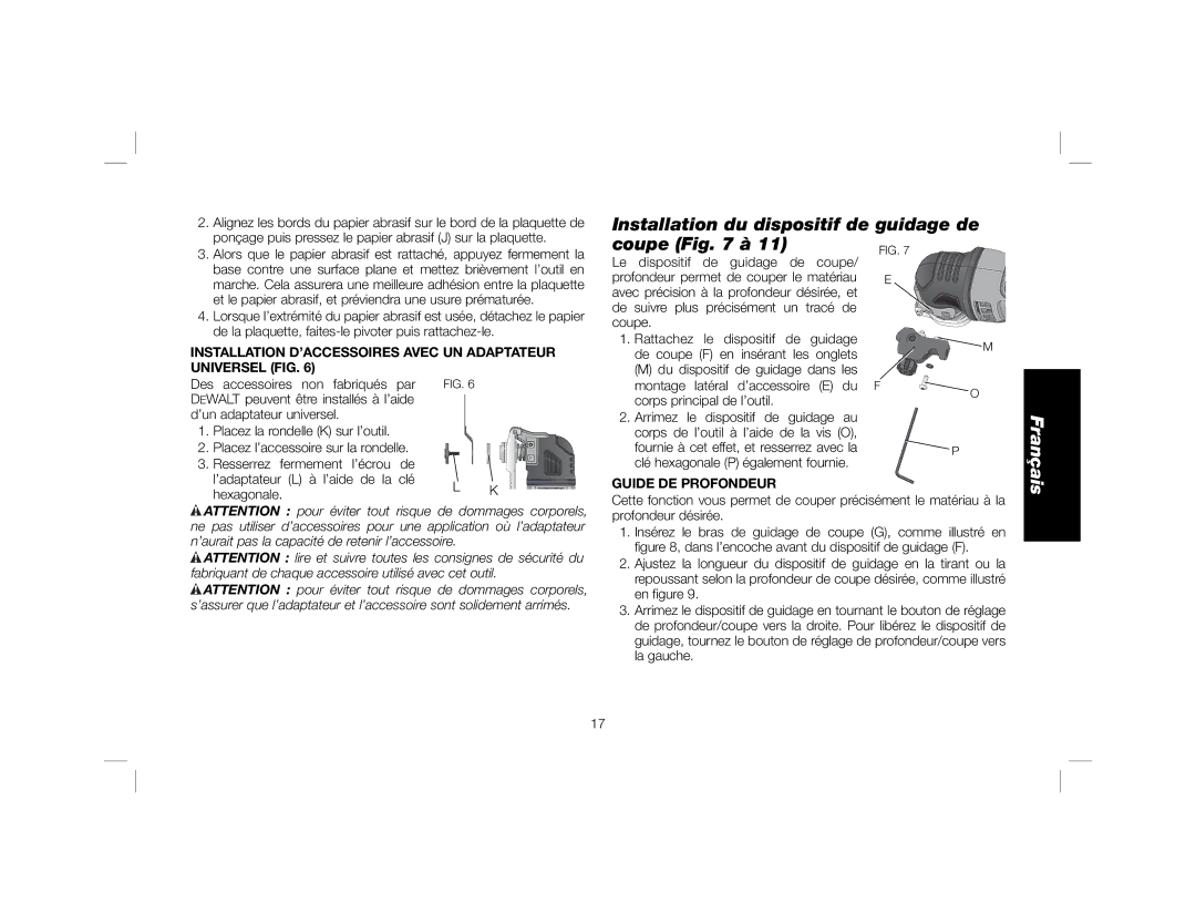 DeWalt DWE315K instruction manual Installation du dispositif de guidage de coupe à, Guide DE Profondeur 