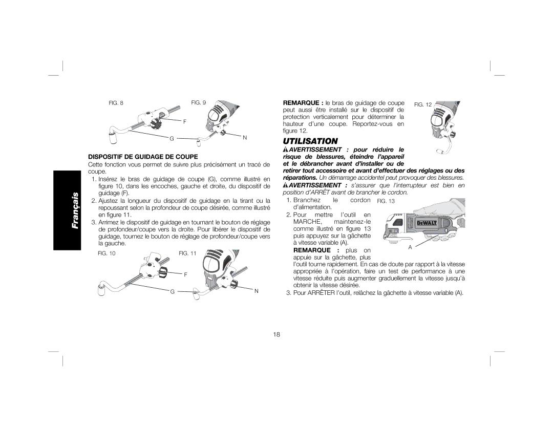 DeWalt DWE315K instruction manual Utilisation, Dispositif DE Guidage DE Coupe, Remarque 