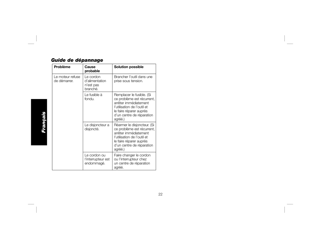 DeWalt DWE315K instruction manual Guide de dépannage, Problème Cause Solution possible Probable 