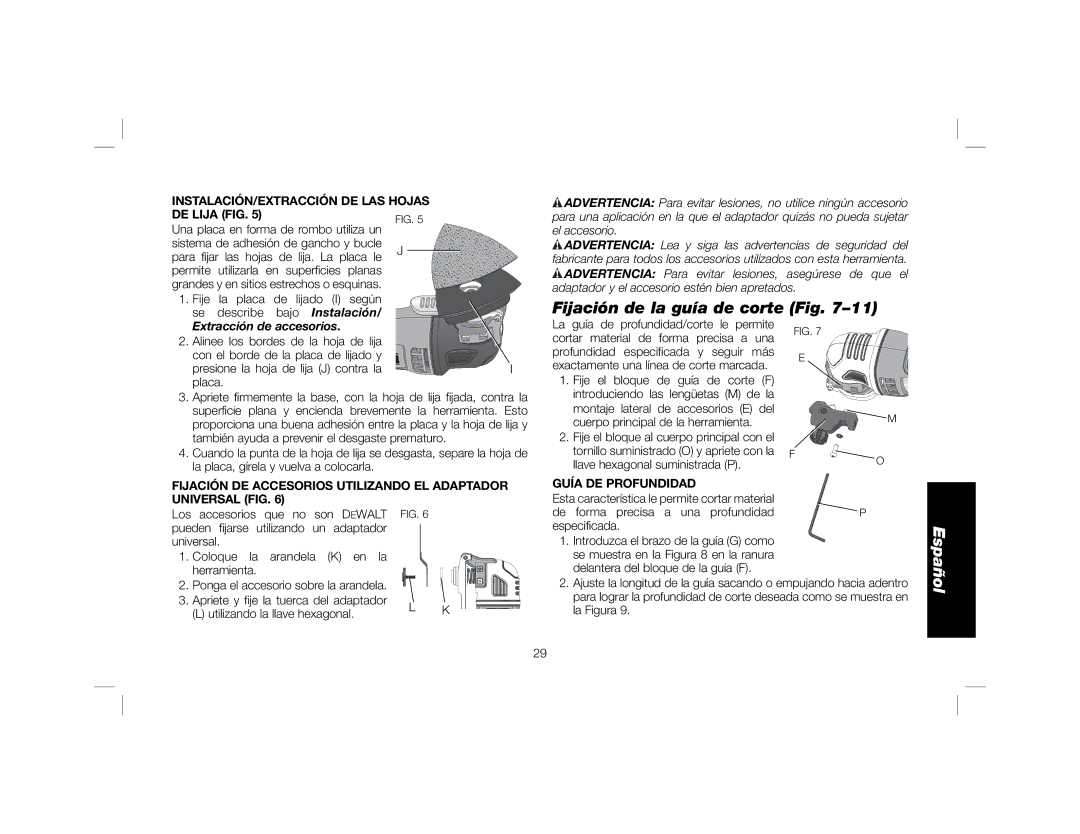 DeWalt DWE315 Fijación de la guía de corte Fig, INSTALACIÓN/EXTRACCIÓN DE LAS Hojas, DE Lija FIG, Guía DE Profundidad 