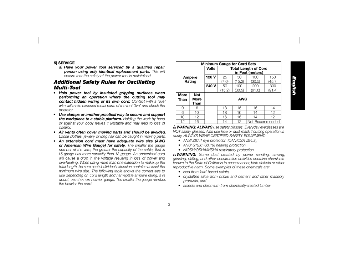 DeWalt DWE315K instruction manual Additional Safety Rules for Oscillating Multi-Tool, Service, Awg 