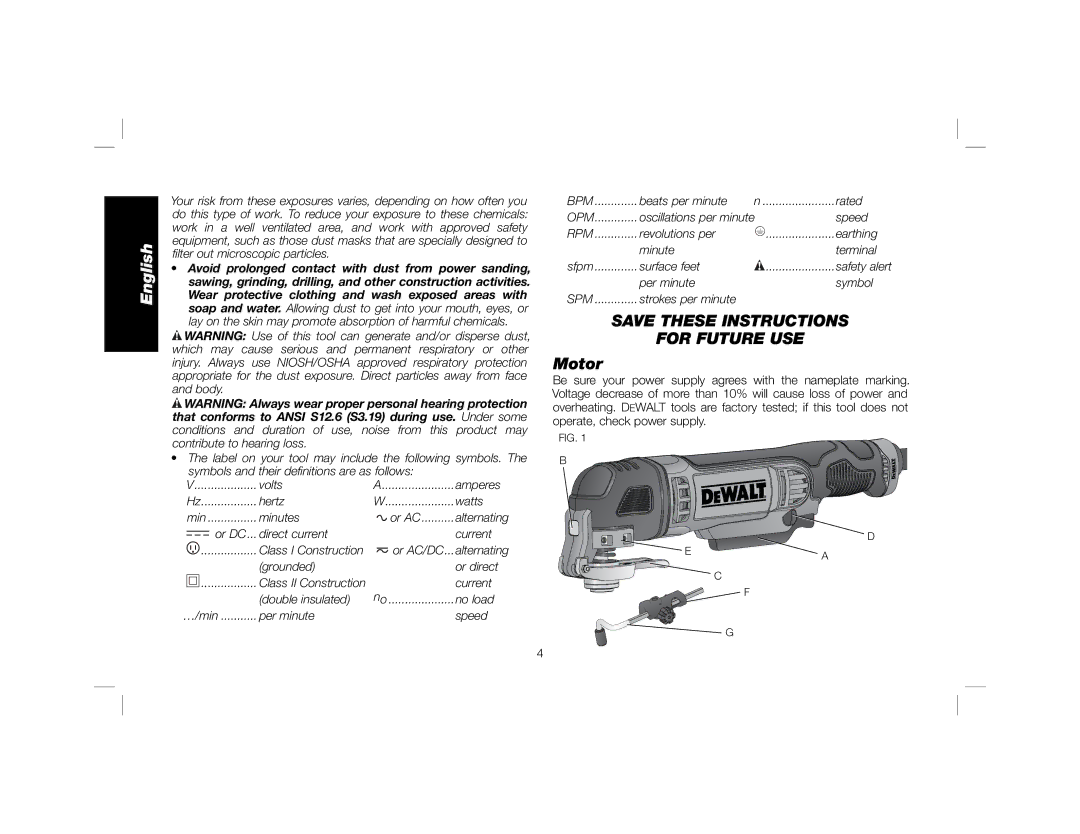 DeWalt DWE315K instruction manual For Future USE, Motor 