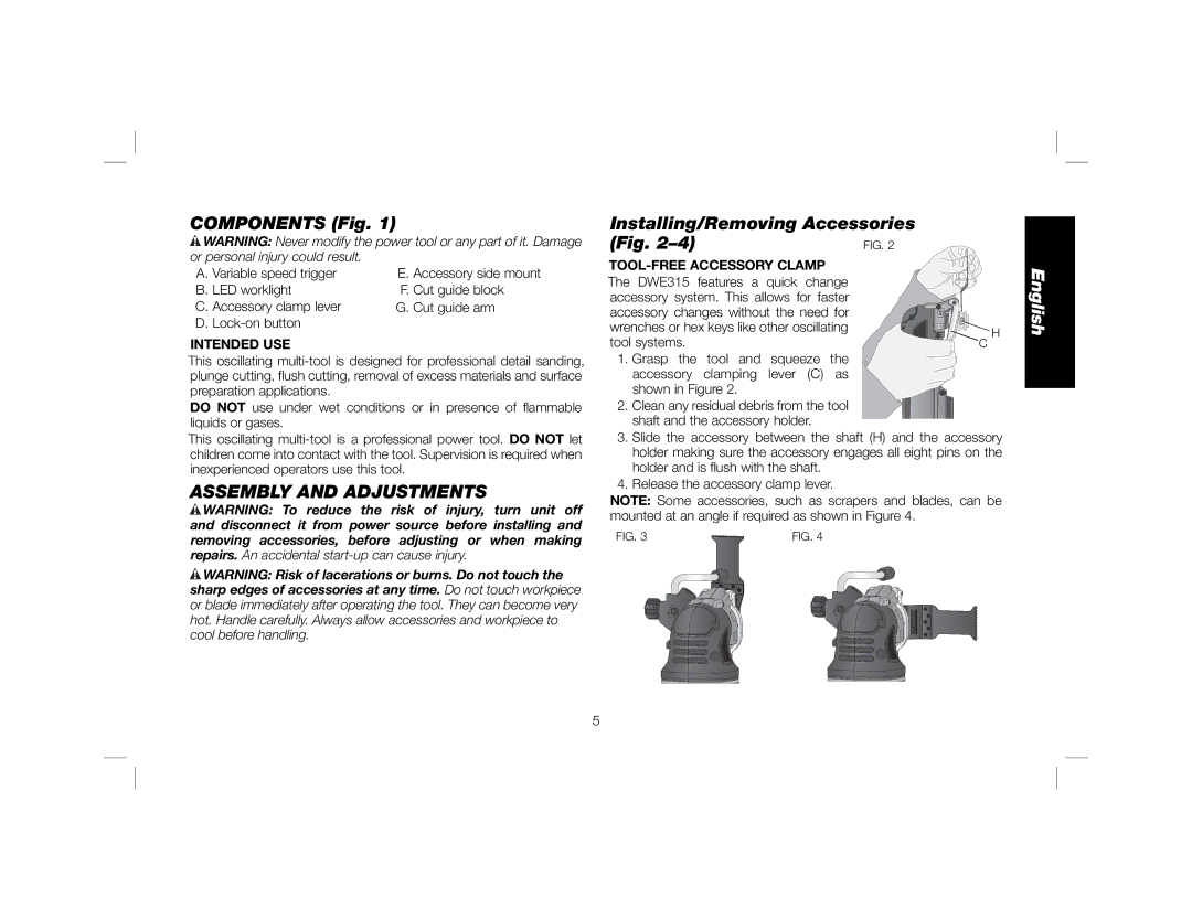 DeWalt DWE315K Components Fig, Assembly and Adjustments, Installing/Removing Accessories, Intended USE 