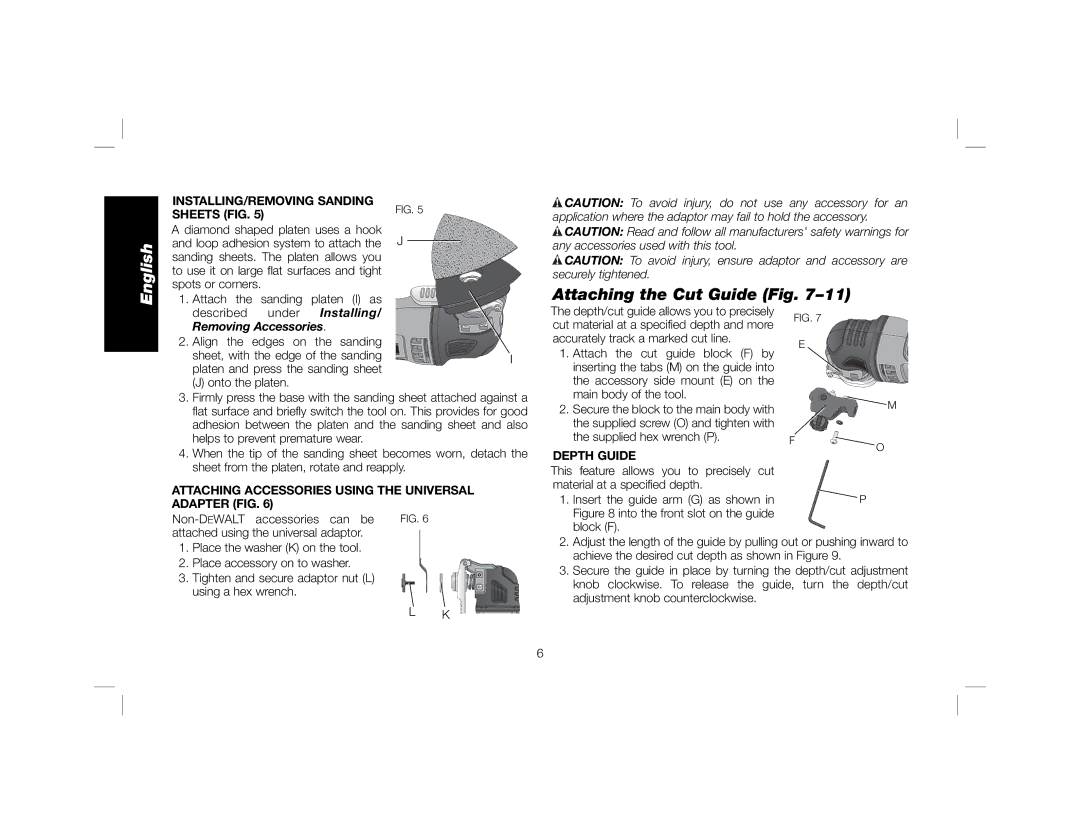 DeWalt DWE315K instruction manual Attaching the Cut Guide Fig, INSTALLING/REMOVING Sanding Sheets FIG, Depth Guide 