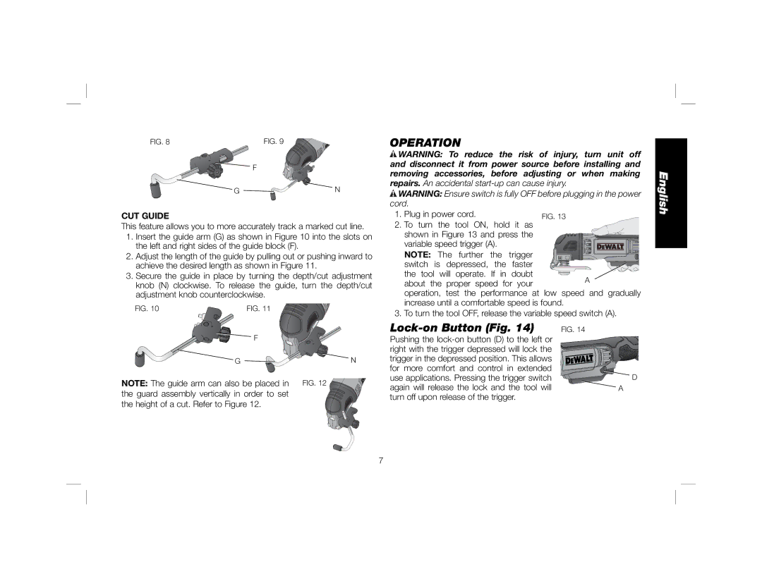 DeWalt DWE315K instruction manual Operation, Lock-on Button Fig, CUT Guide 