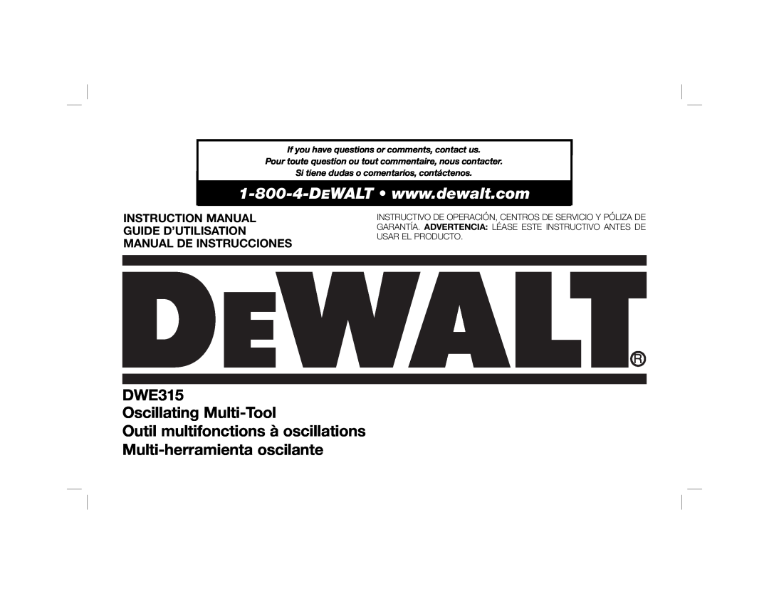 DeWalt DWE315K instruction manual DWE315 Oscillating Multi-Tool 