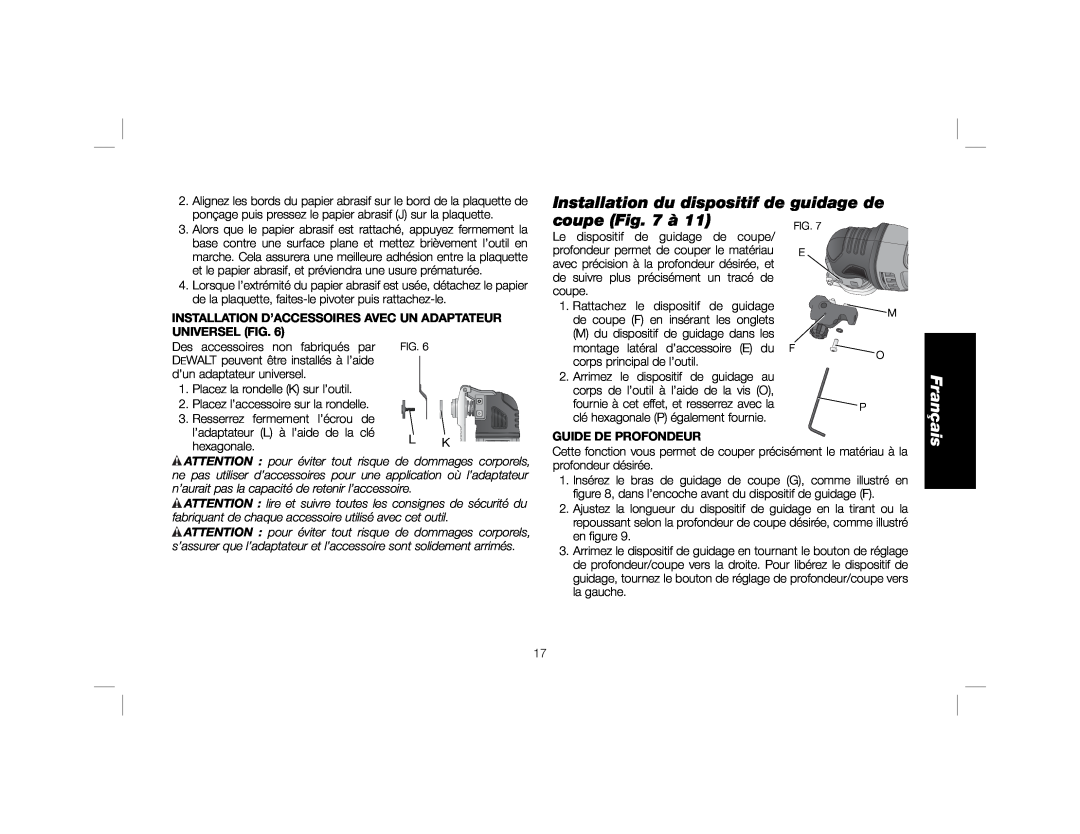 DeWalt DWE315K instruction manual Installation du dispositif de guidage de coupe à, Guide De Profondeur, Français 