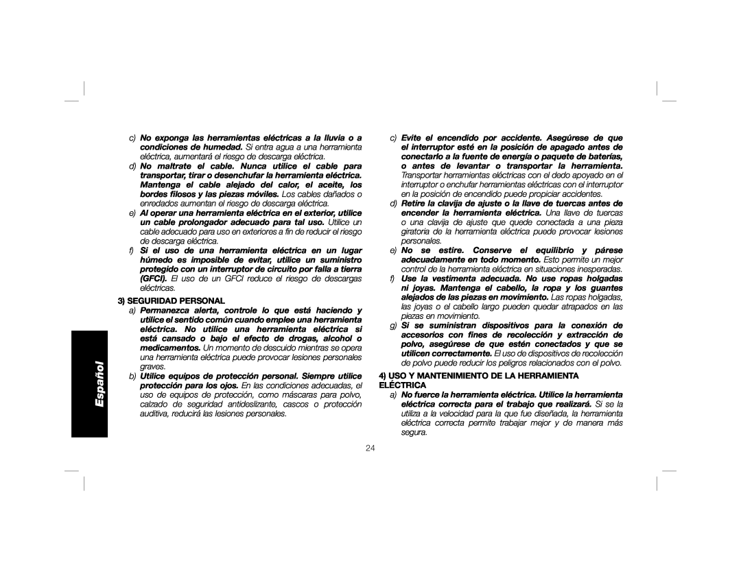DeWalt DWE315K instruction manual Seguridad Personal, Uso Y Mantenimiento De La Herramienta Eléctrica, Español 