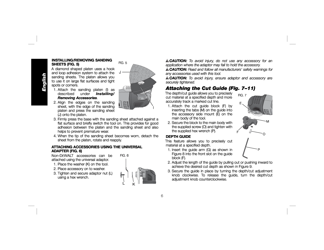DeWalt DWE315K instruction manual Attaching the Cut Guide Fig, Installing/Removing Sanding Sheets Fig, Depth Guide, English 