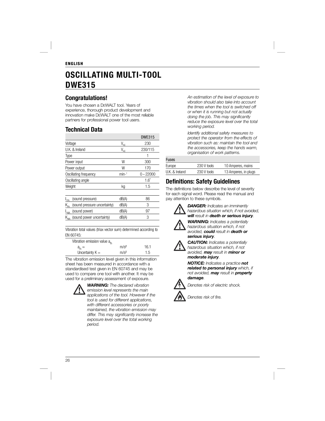 DeWalt DWE315K manual Congratulations, Technical Data, Deﬁnitions Safety Guidelines, English 