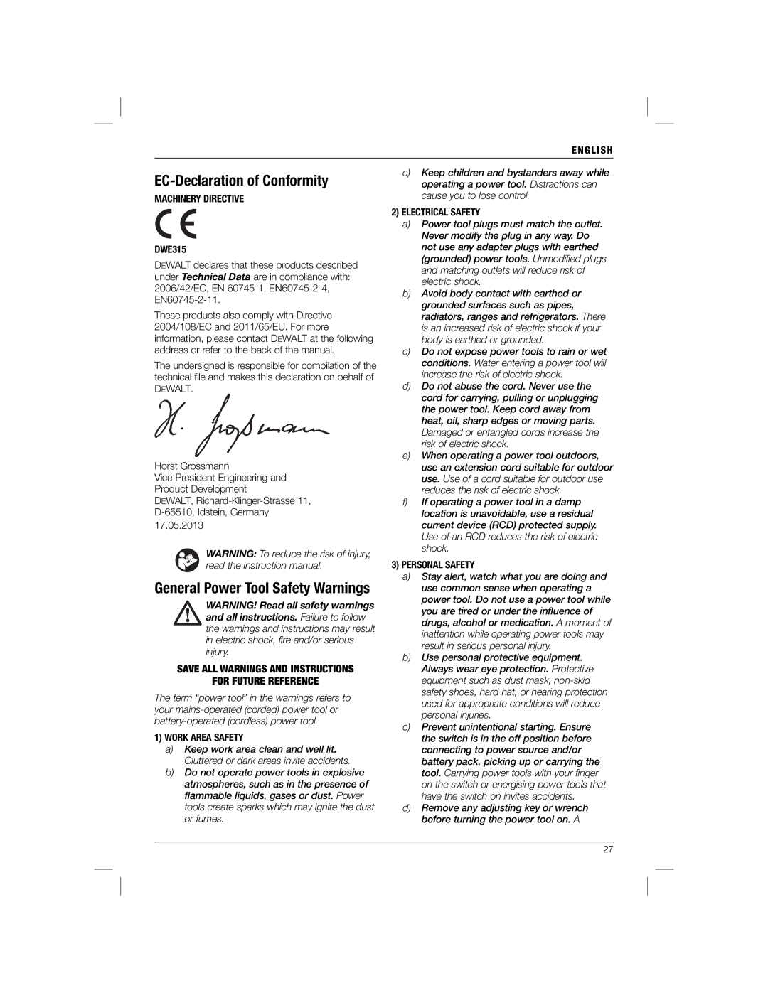 DeWalt DWE315K manual EC-Declaration of Conformity 