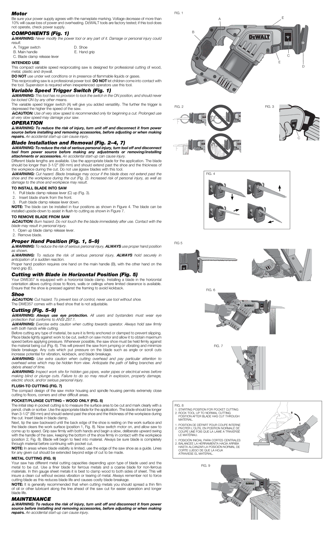 DeWalt DWE357 instruction manual Operation, Maintenance 