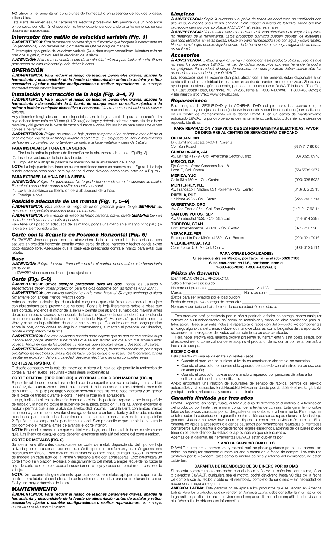 DeWalt DWE357 instruction manual Operación, Mantenimiento 