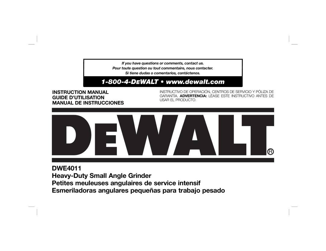 DeWalt DWE4011 instruction manual Guide D’UTILISATION Manual DE Instrucciones 