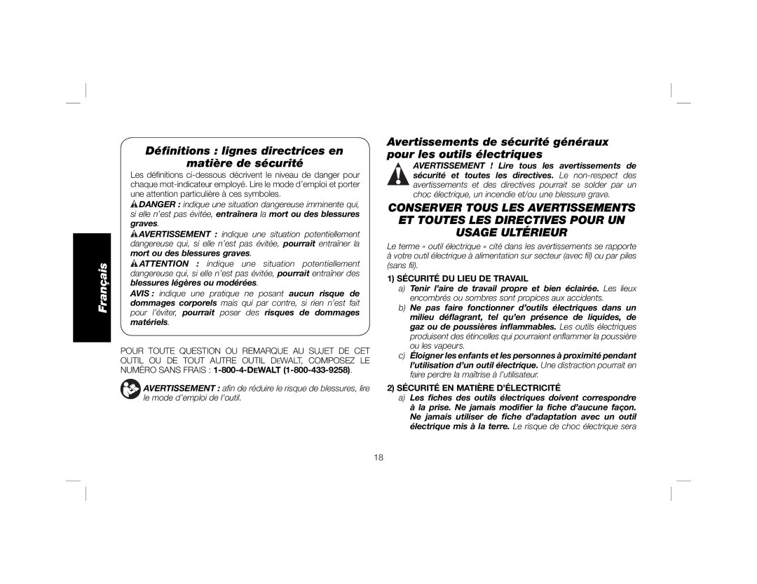 DeWalt DWE4011 instruction manual Déﬁnitions lignes directrices en Matière de sécurité, Sécurité DU Lieu DE Travail 