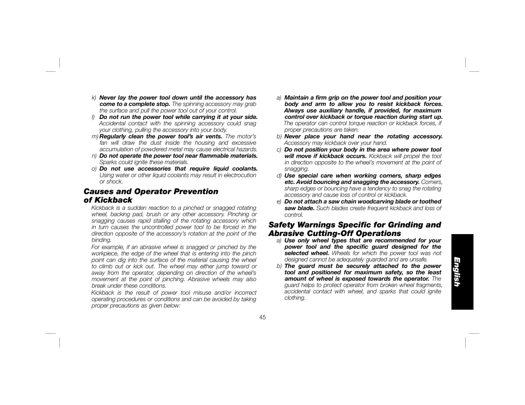 DeWalt DWE4120N instruction manual Causes and Operator Prevention of Kickback 