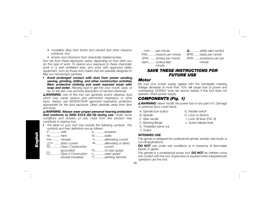 DeWalt DWE4120N instruction manual Save These Instructions for Future USE, Components Fig, Intended USE 