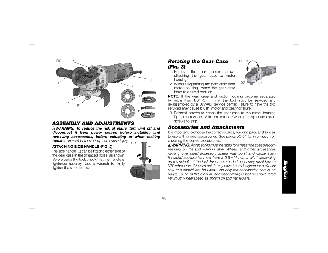 DeWalt DWE4120N instruction manual Assembly and Adjustments, Rotating the Gear Case, Accessories and Attachments 