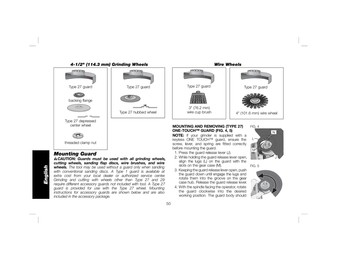 DeWalt DWE4120N instruction manual Mounting Guard, Mounting and Removing Type 27 ONE-TOUCHGUARD 