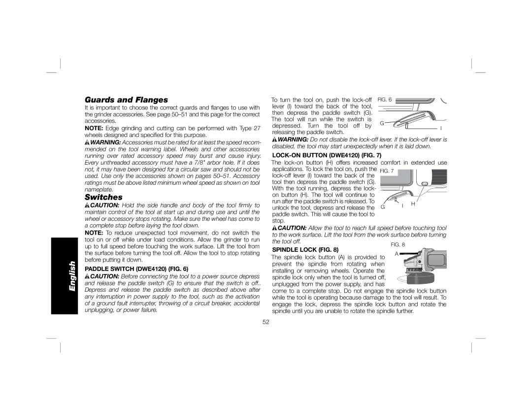 DeWalt DWE4120N Guards and Flanges, Switches, Paddle Switch DWE4120 FIG LOCK-ON Button DWE4120 FIG, Spindle Lock FIG 