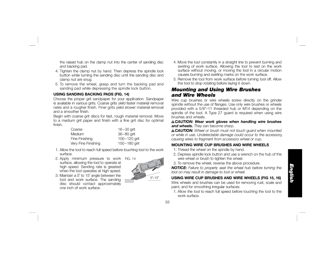 DeWalt DWE4120N instruction manual Mounting and Using Wire Brushes and Wire Wheels, Using Sanding Backing Pads FIG 