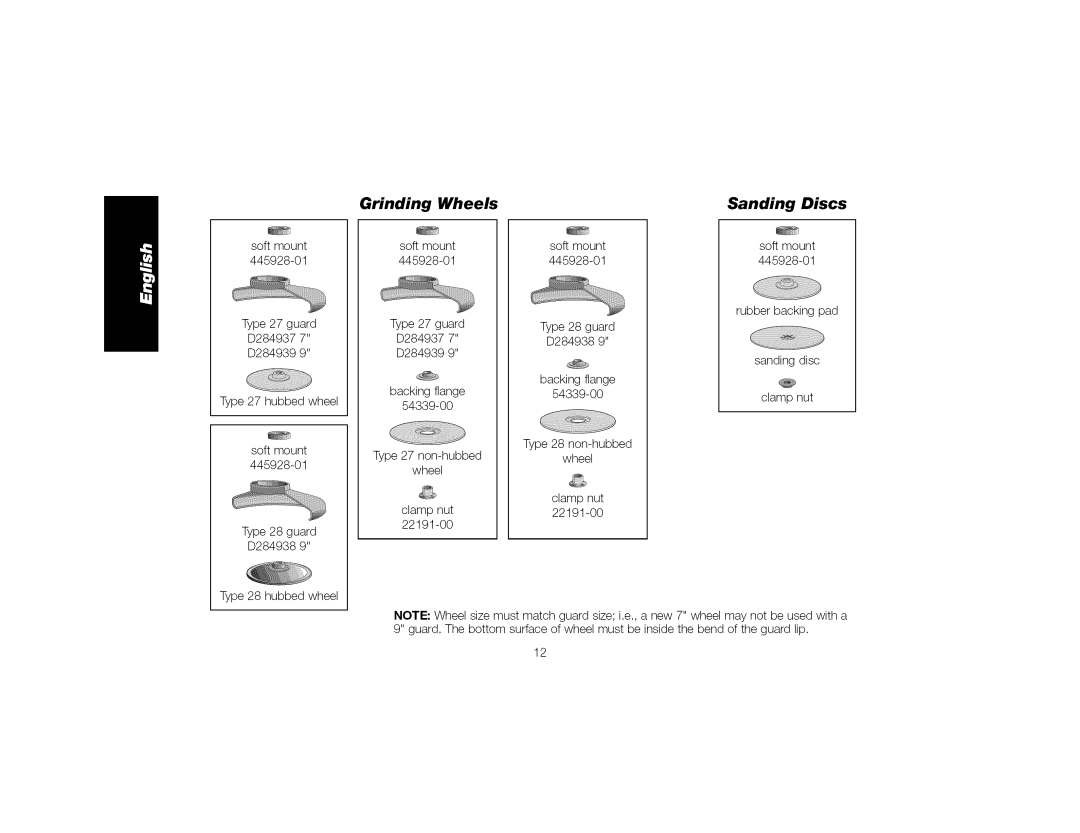 DeWalt DWE4517, DWE4519 instruction manual Softmount Type27guard D2849377 D2849399, Grinding Wheels Sanding Discs 