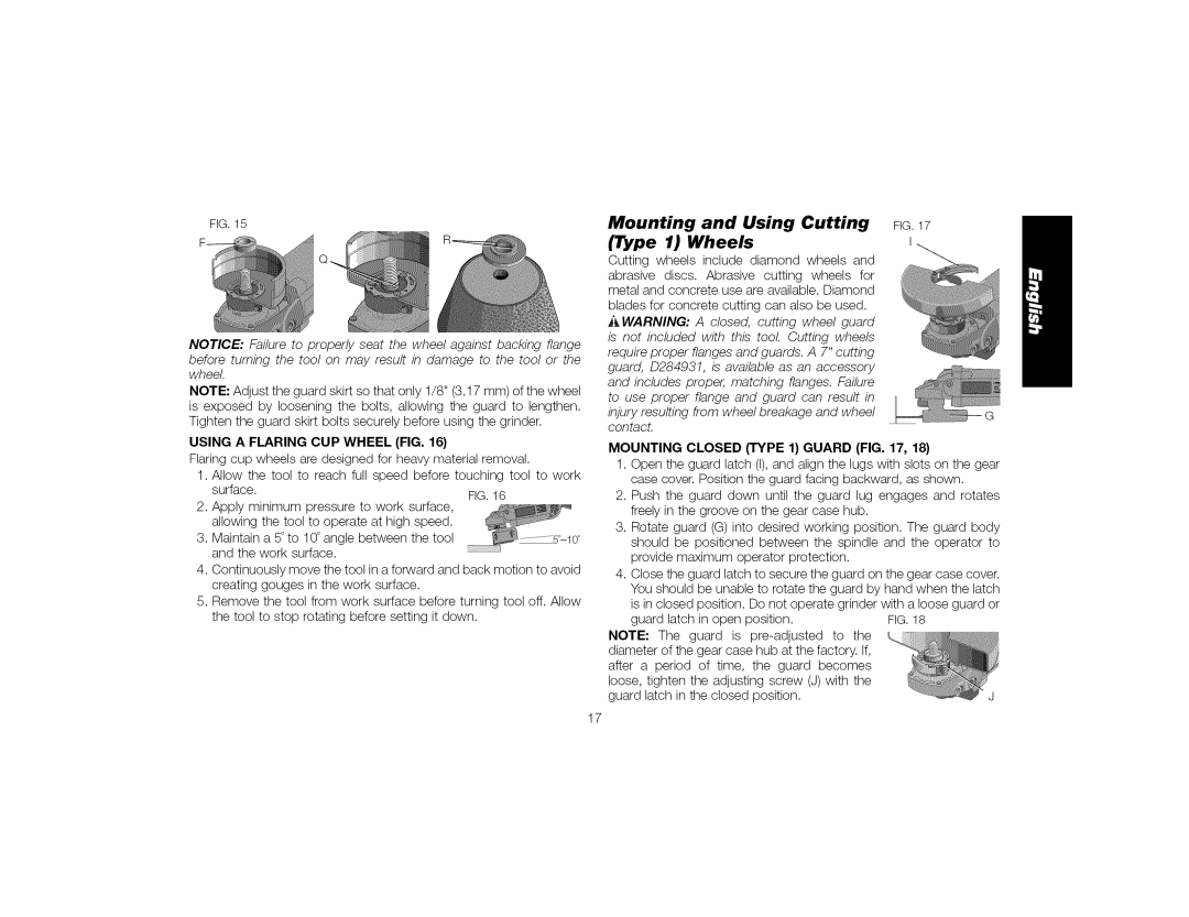 DeWalt DWE4519, DWE4517 Type Wheels, Mounting Using Cutting, Using a Flaring CUP Wheel FIG, Mounting Closed Type 1 Guard 