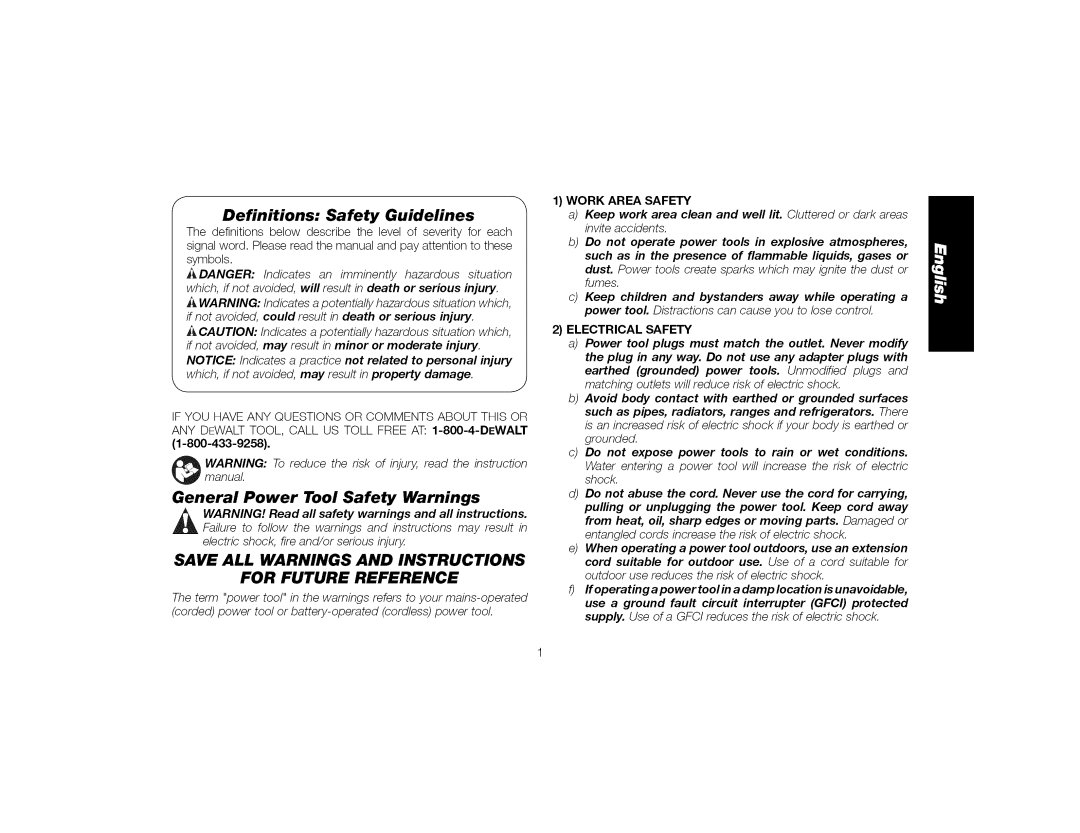 DeWalt DWE4519, DWE4517 Definitions Safety Guidelines, Save ALL Warnings and Instructions For Future Reference 