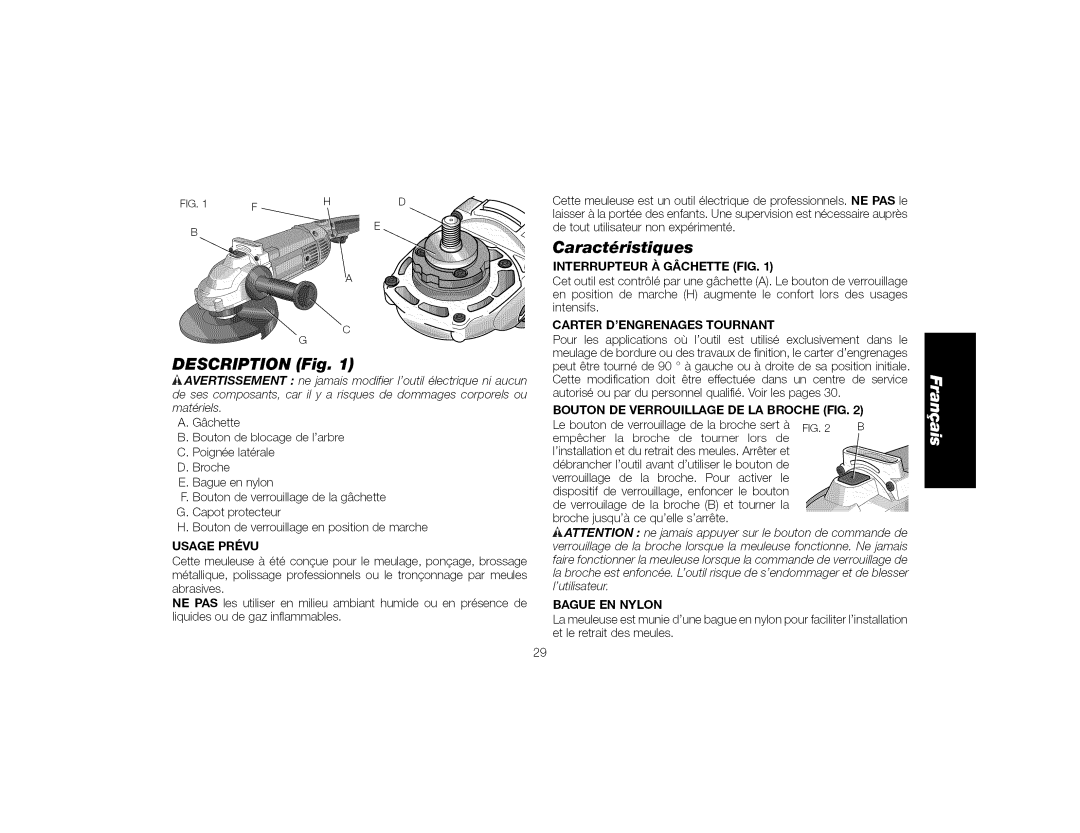 DeWalt DWE4519, DWE4517 instruction manual Description Fig, Caractristiques 