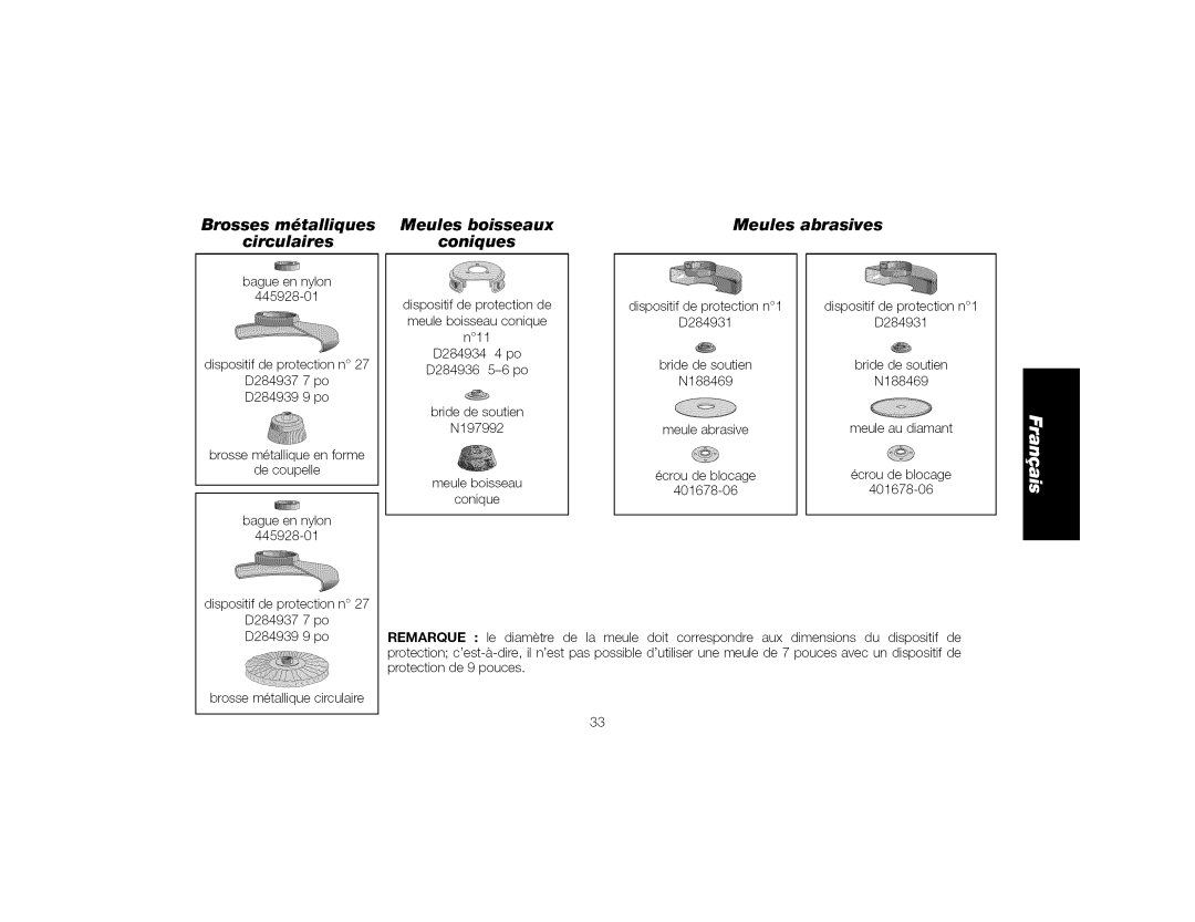 DeWalt DWE4519, DWE4517 instruction manual Brosses mdtalliques circulaires, Meules boisseaux Coniques, Meules abrasives 