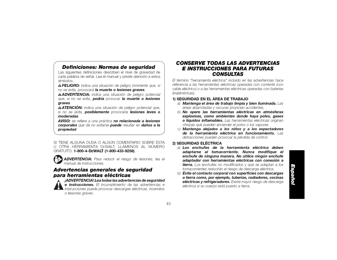 DeWalt DWE4519, DWE4517 Definiciones Normas de seguridad, Advertencias generales de seguridad, Para herramientas elctricas 