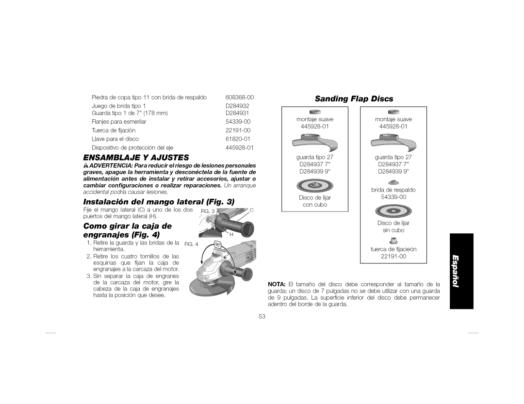 DeWalt DWE4519, DWE4517 Ensamblaje Y Ajustes, Engranajes, Instalaci6n Del Mango Lateral, Como girar Caja de 