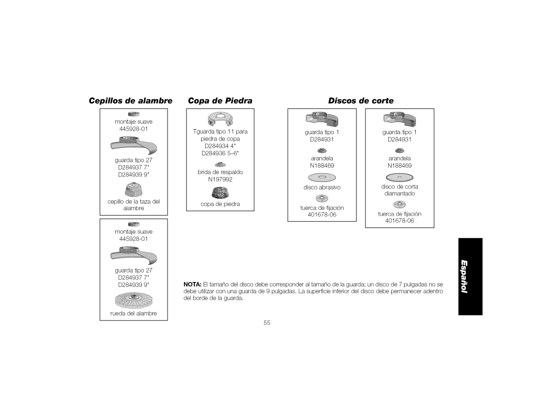 DeWalt DWE4519, DWE4517 instruction manual Cepillos de alambre, Copa de Piedra, Discos de corte 