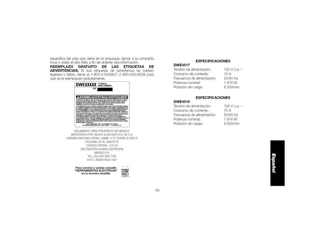 DeWalt DWE4519 instruction manual Reemplazo Gratuito DE LAS Etiquetas DE, Especificaciones, DWE4517 