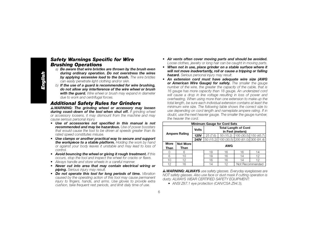 DeWalt DWE4517 Safety Warnings Specific for Wire Brushing Operations, Additional Safety Rules for Grinders, Ampere Rating 