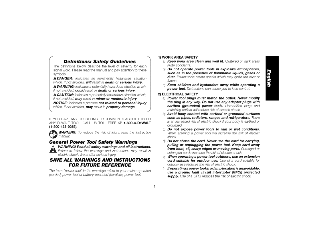 DeWalt DWE4519 Definitions Safety Guidelines, Save All Warnings And Instructions For Future Reference, Work Area Safety 