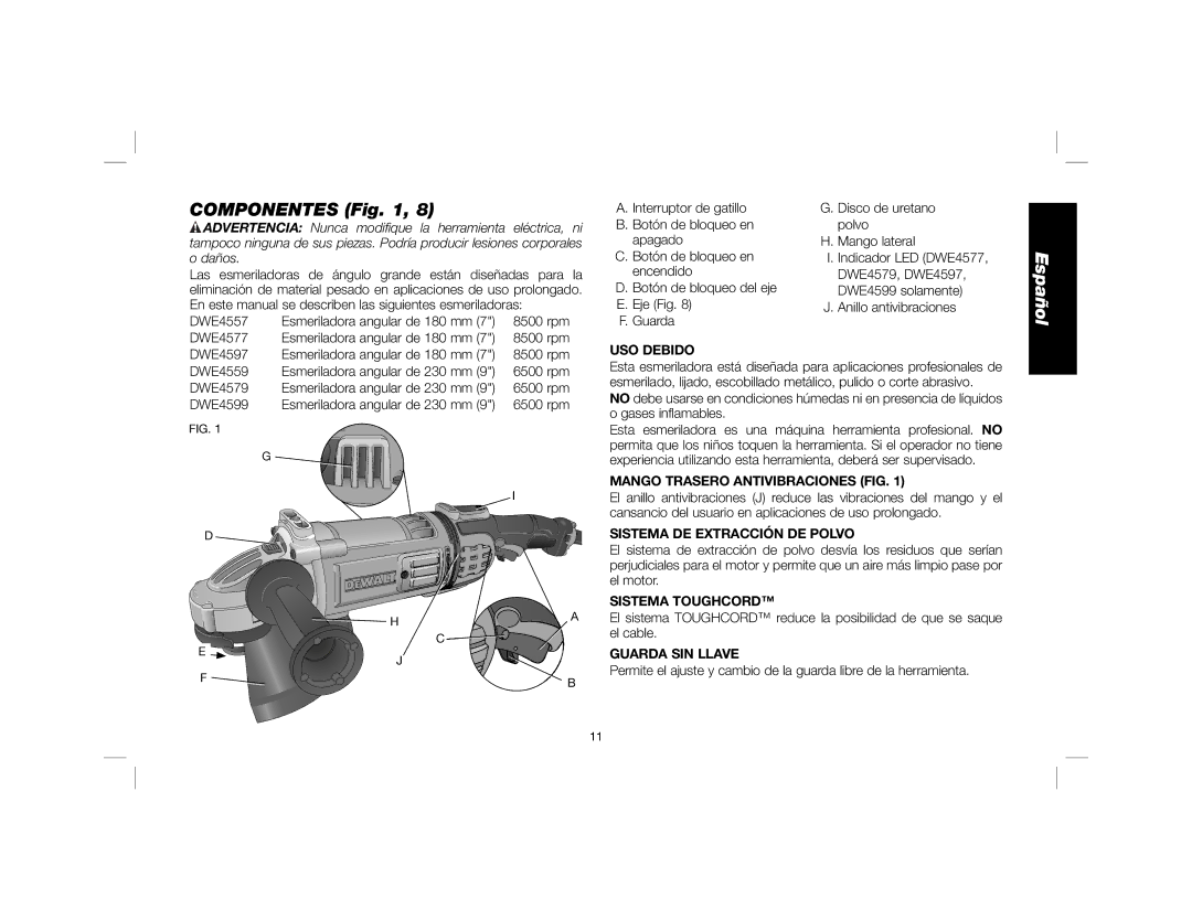 DeWalt DWE4557 instruction manual Componentes 