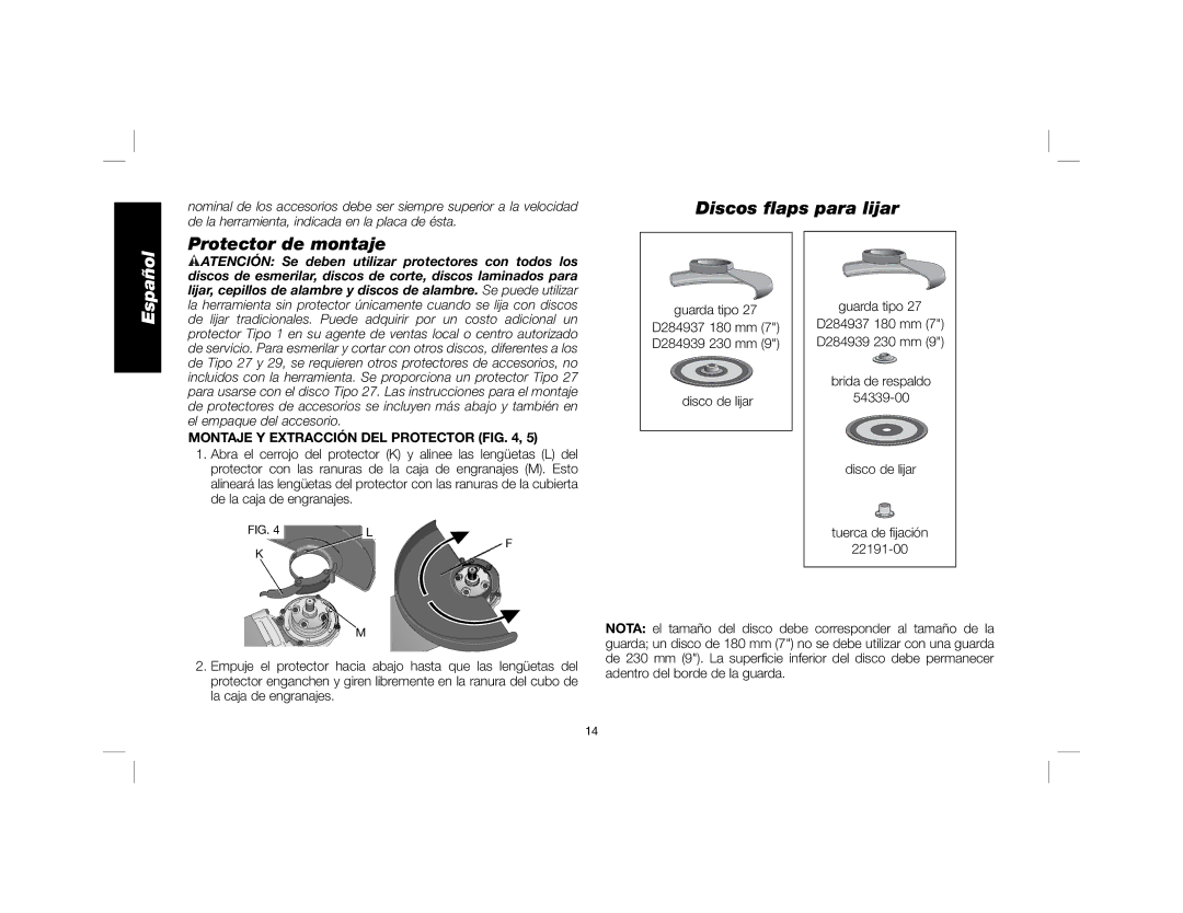 DeWalt DWE4557 instruction manual Protector de montaje, Discos ﬂaps para lijar, Montaje Y Extracción DEL Protector 