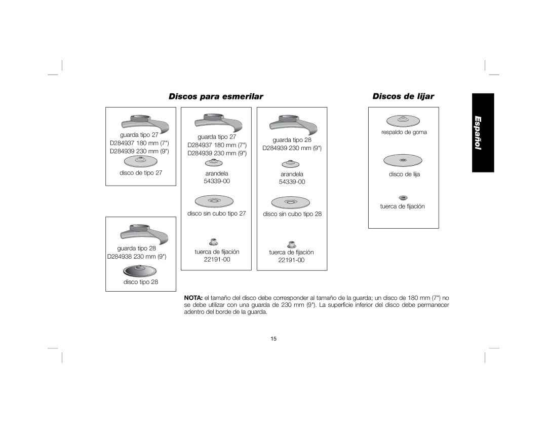 DeWalt DWE4557 instruction manual Discos para esmerilar Discos de lijar, Disco de lija Tuerca de fijación 