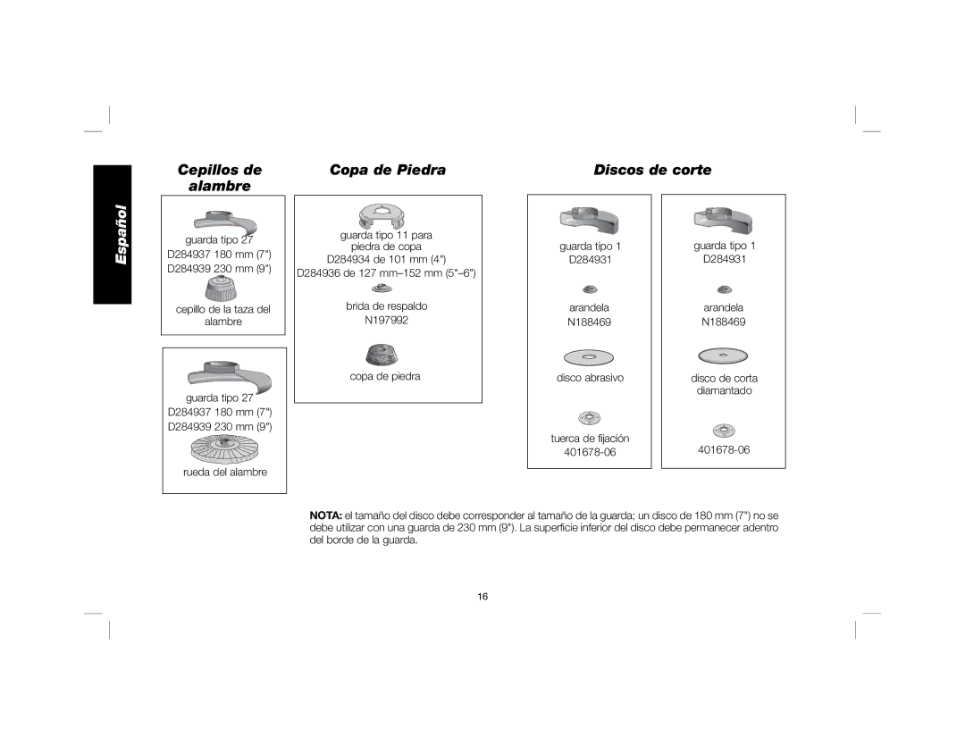 DeWalt DWE4557 instruction manual Cepillos de Copa de Piedra Discos de corte Alambre 