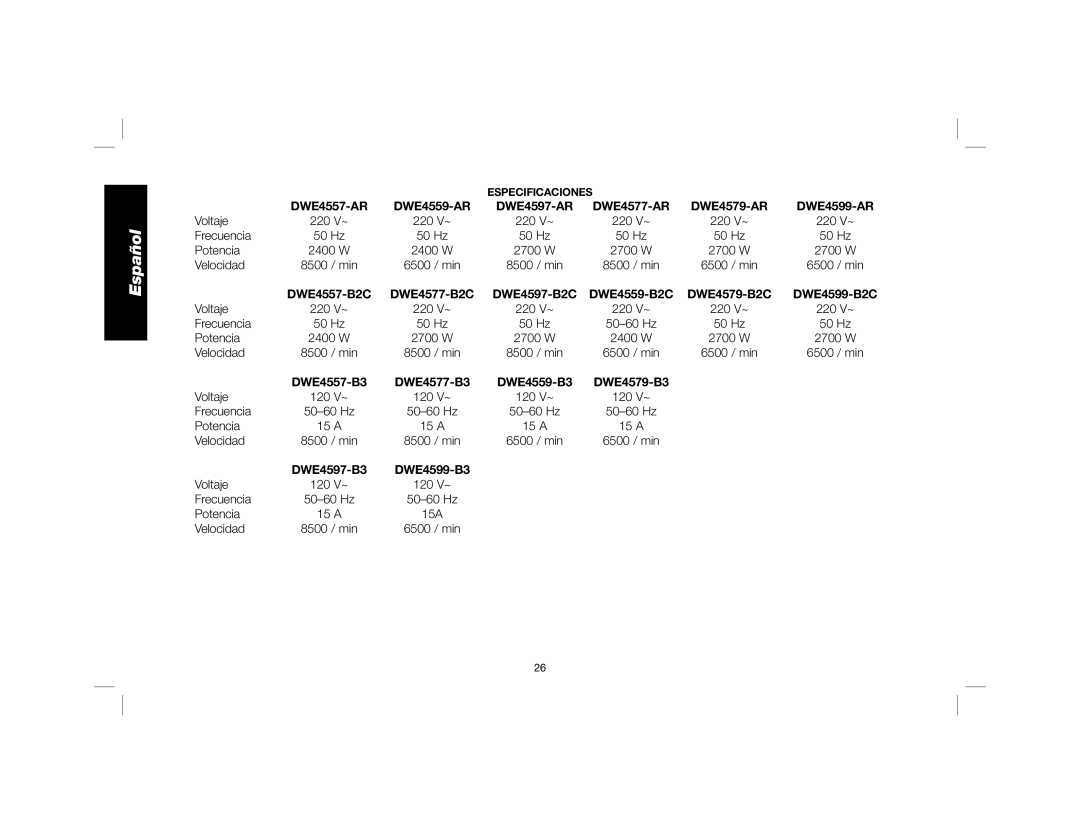 DeWalt DWE4557 Voltaje 220, Frecuencia, 50 Hz, Voltaje 120, Potencia 15 a Velocidad, Potencia 15A Velocidad 