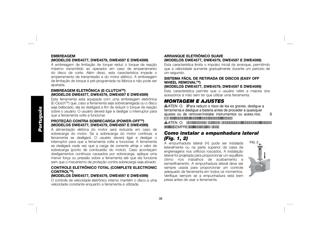DeWalt DWE4557 instruction manual Montagem E Ajustes, Como instalar a empunhadura lateral 