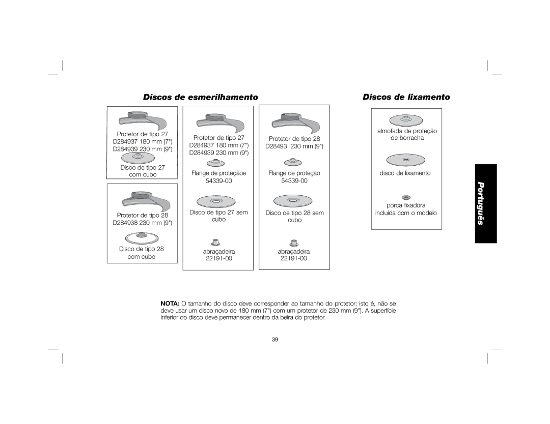 DeWalt DWE4557 instruction manual Discos de esmerilhamento Discos de lixamento 