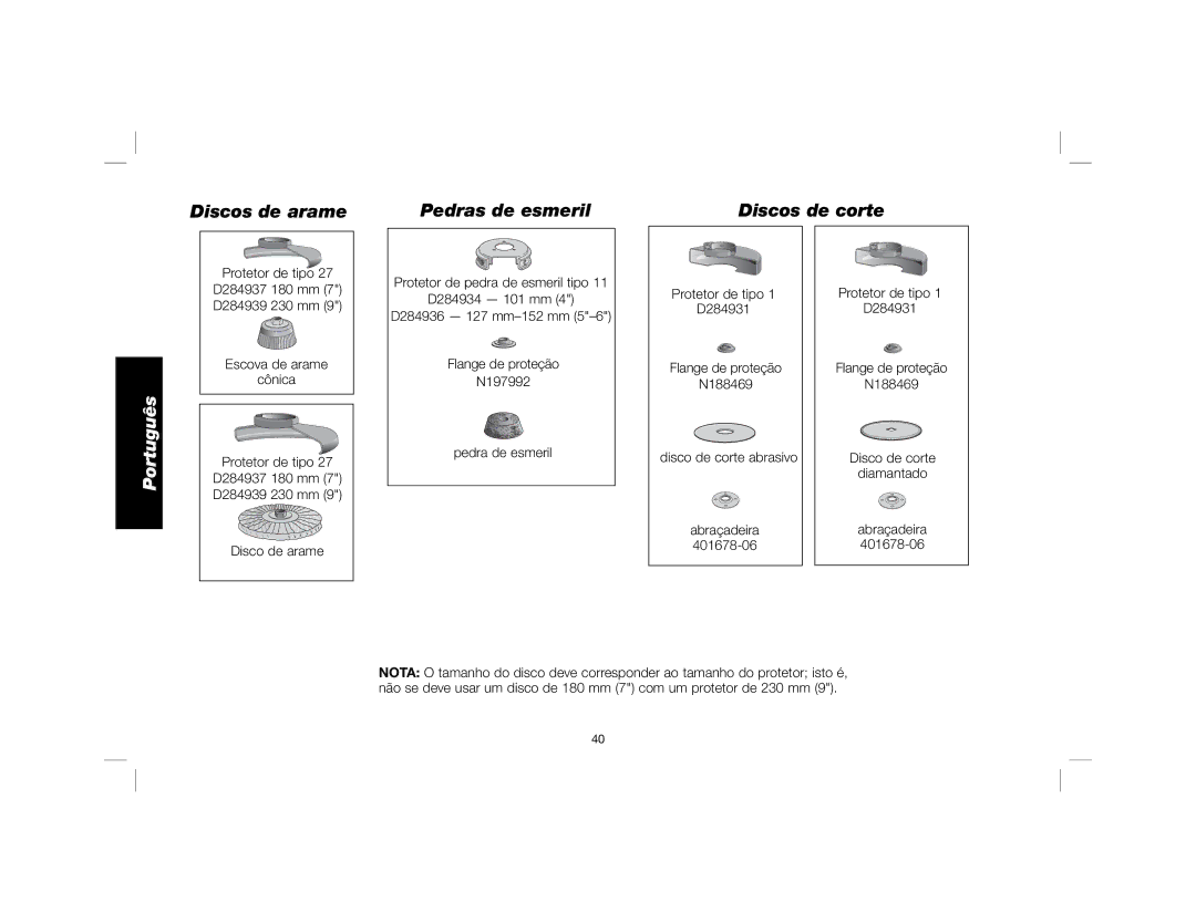 DeWalt DWE4557 instruction manual Discos de arame Pedras de esmeril Discos de corte 