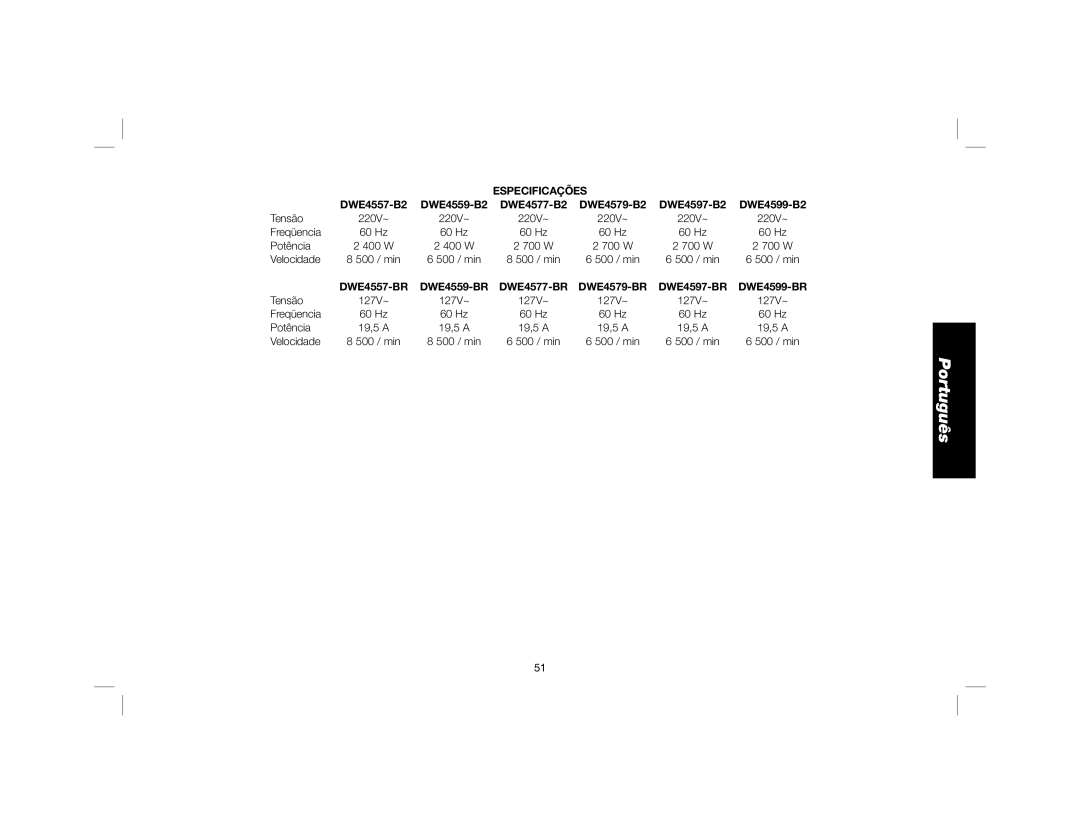 DeWalt DWE4557 instruction manual Especificações 